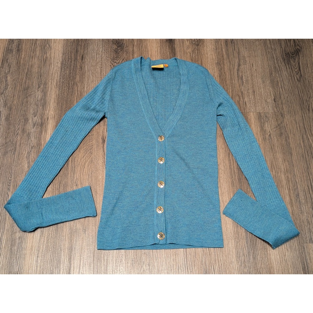 Tory Burch Cardigan Sweater Womens Small‎ Ribbed Knit Teal Gold Buttons READ
